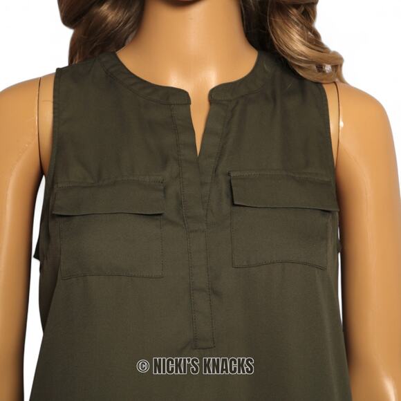 ANA Olive Green Sleeveless Chiffon Tank Top Split Neck Utility Pockets Size XS - Picture 3 of 9
